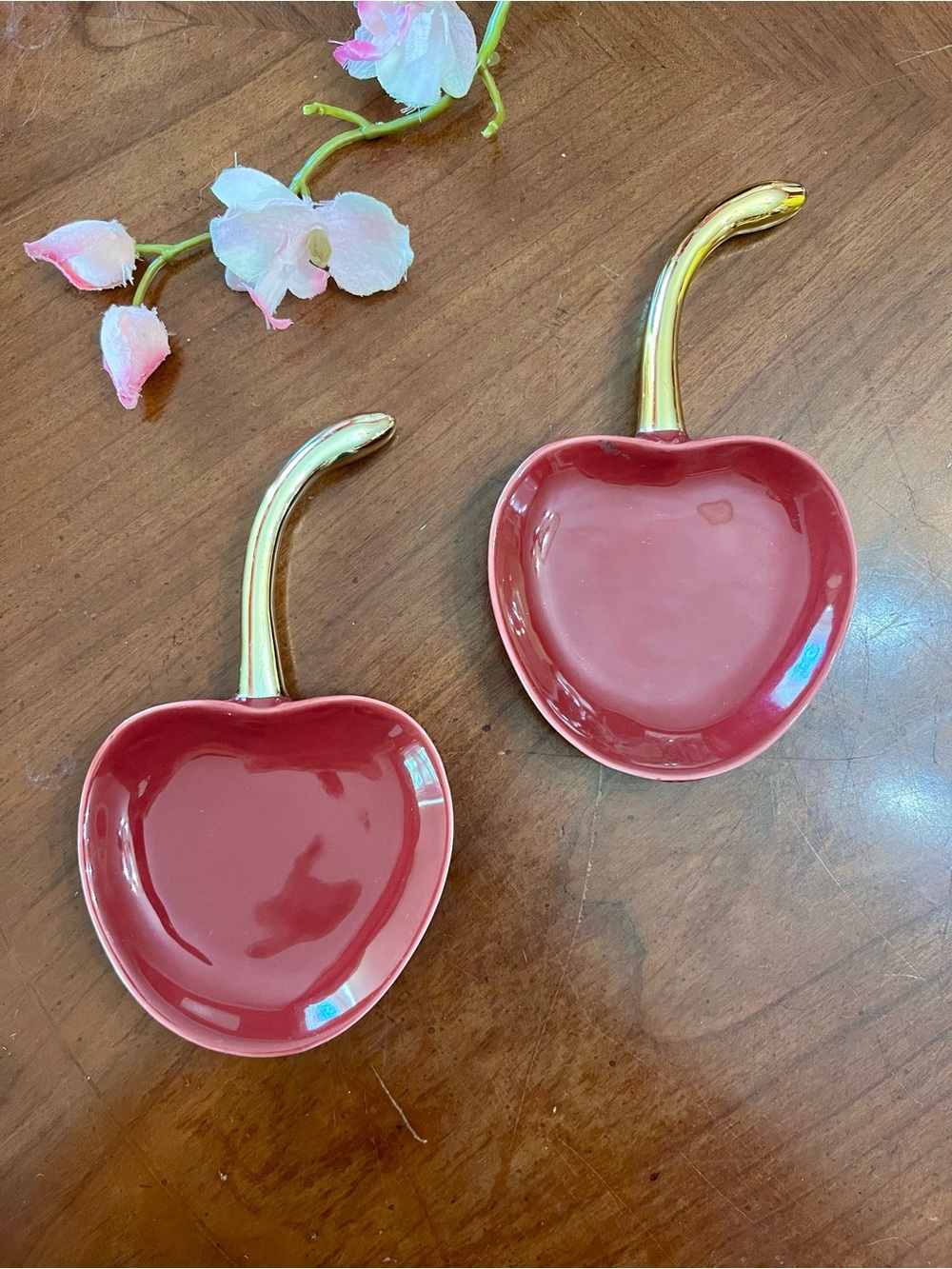 Vintage Mid-Century Glazed Ceramic Apple Trinket Dish Set of 2 Red w Gold Stems